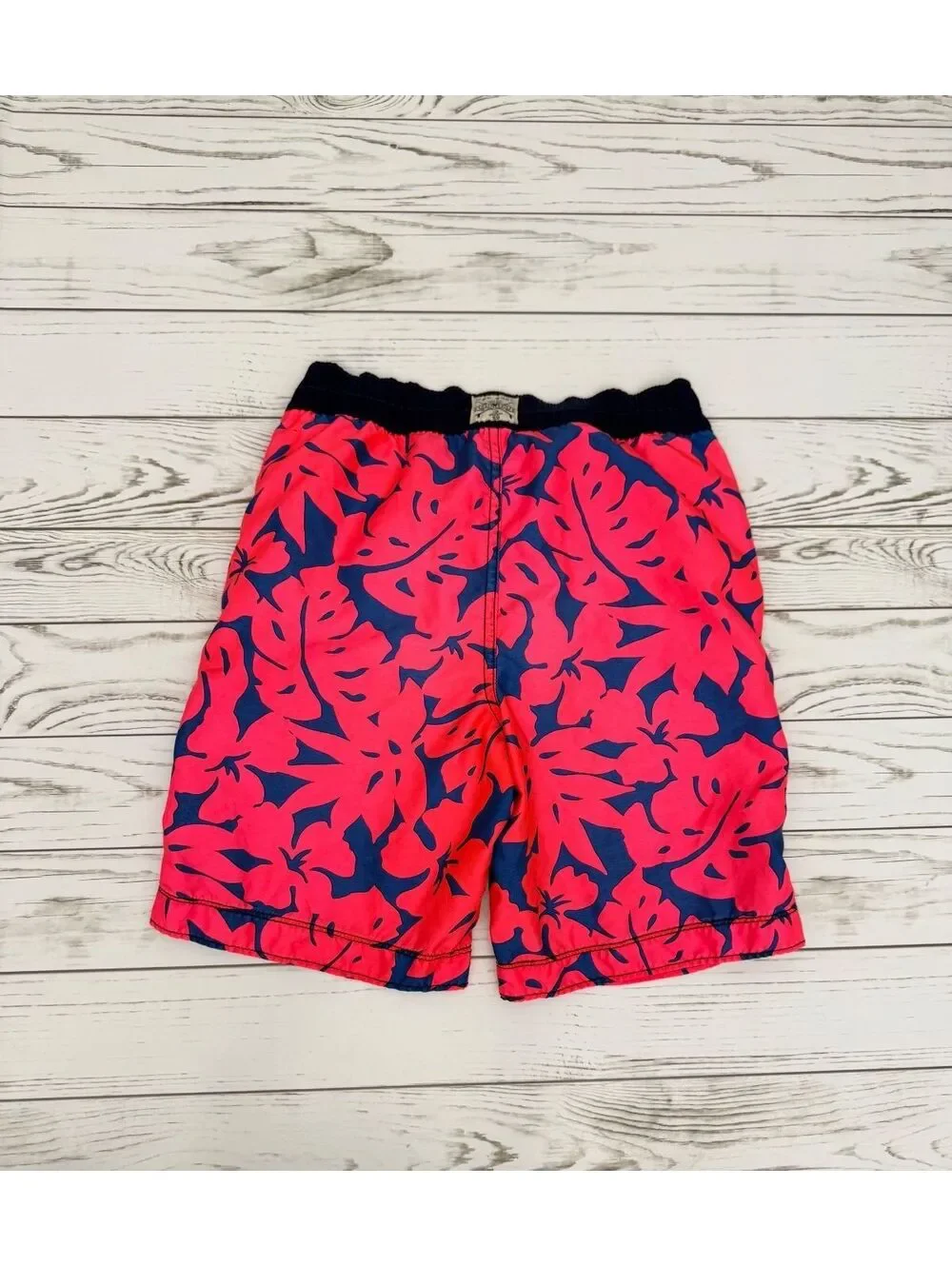 GAP Kids Medium Boys Swim Trunks Navy Blue Red Leaf Print